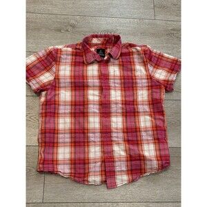 Prana Shirt Mens Large Short Sleeve Button Red Pink Orange White Plaid